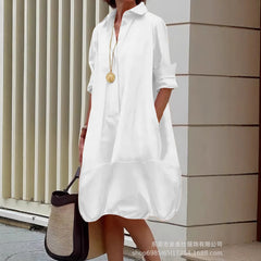 Solid Color Button Front Pocket Shirt Midi Dress