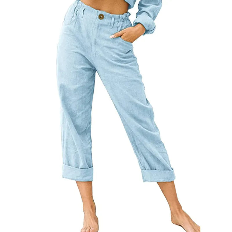 Linen Blend Rolled Cuff Cropped Pants