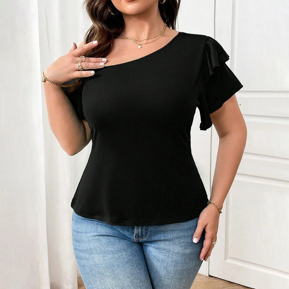 Plus Size Black Asymmetrical Neck Blouse