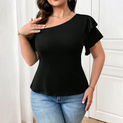 Plus Size Black Asymmetrical Neck Blouse