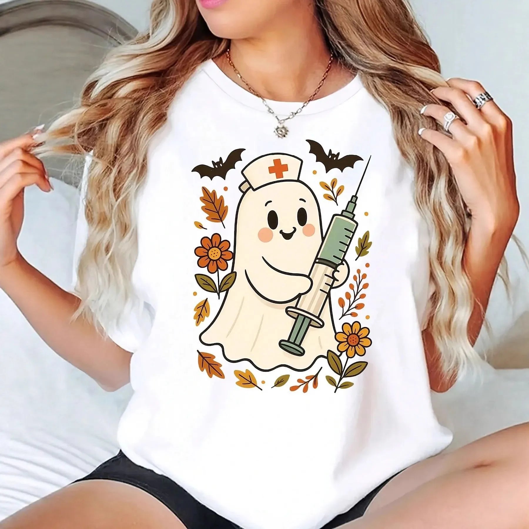 Halloween Nurse Ghost Bat Floral Print Crew Neck Short Sleeve T‑Shirt