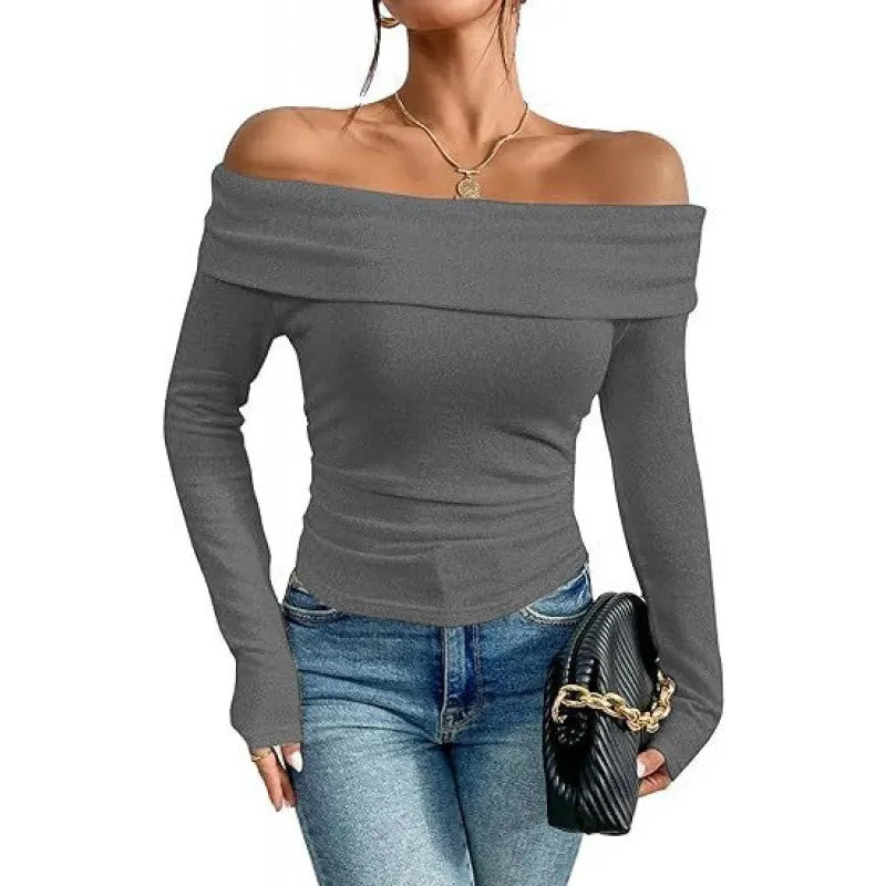 Off Shoulder Long Sleeve Slim Fit Solid Pullover Top