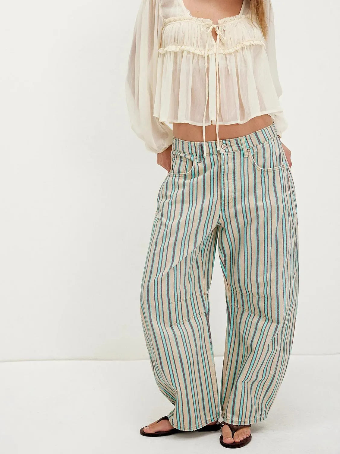 Mid‑Waist Striped Printed Loose Barrel Jeans