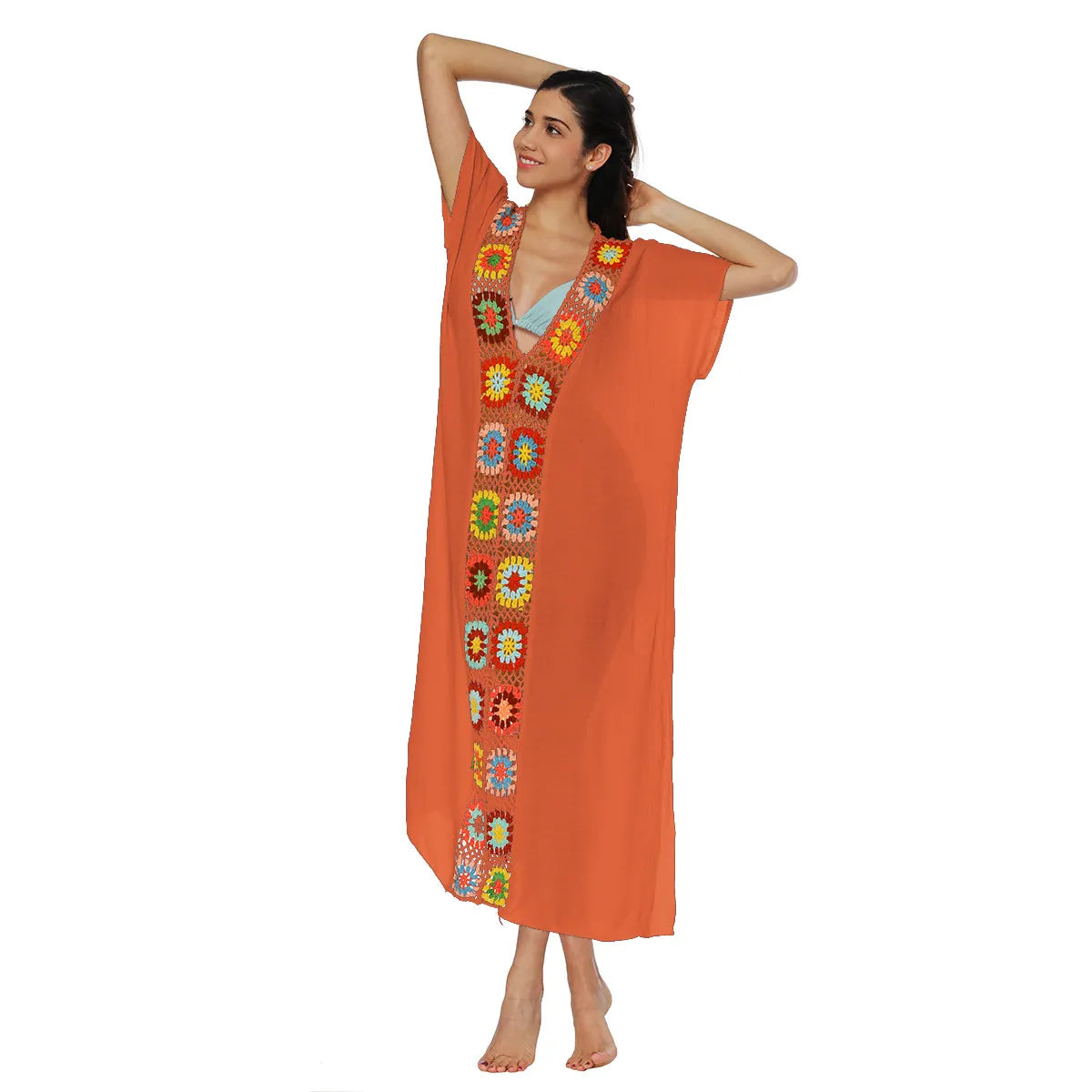 Colorful Crochet V-Neck Batwing Sleeve Loose Long Cover-Up Dress
