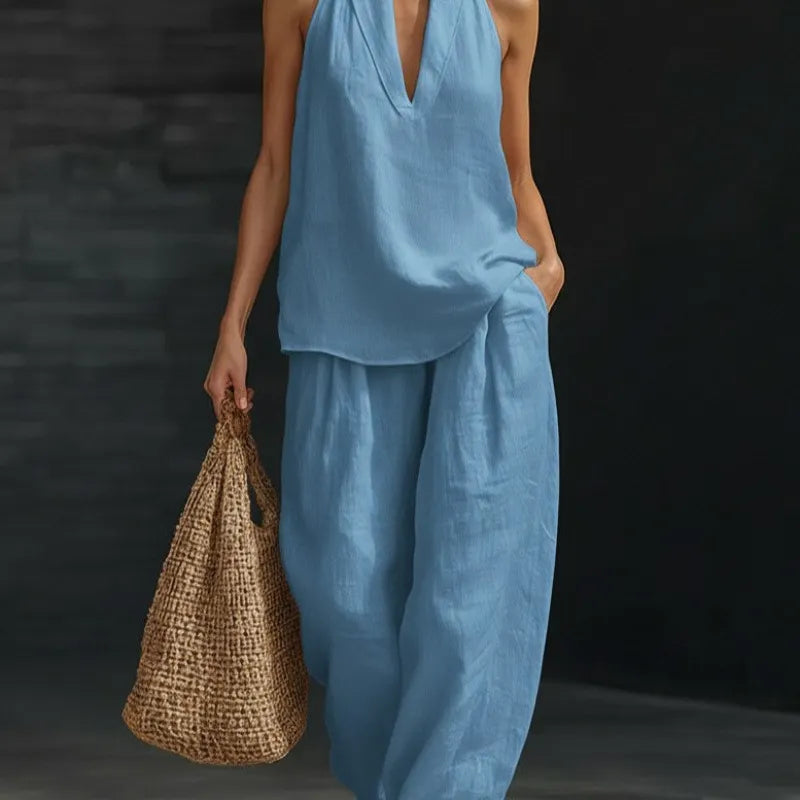 Solid Halter Neck Sleeveless Top & Wide Leg Pants Two-Piece Set