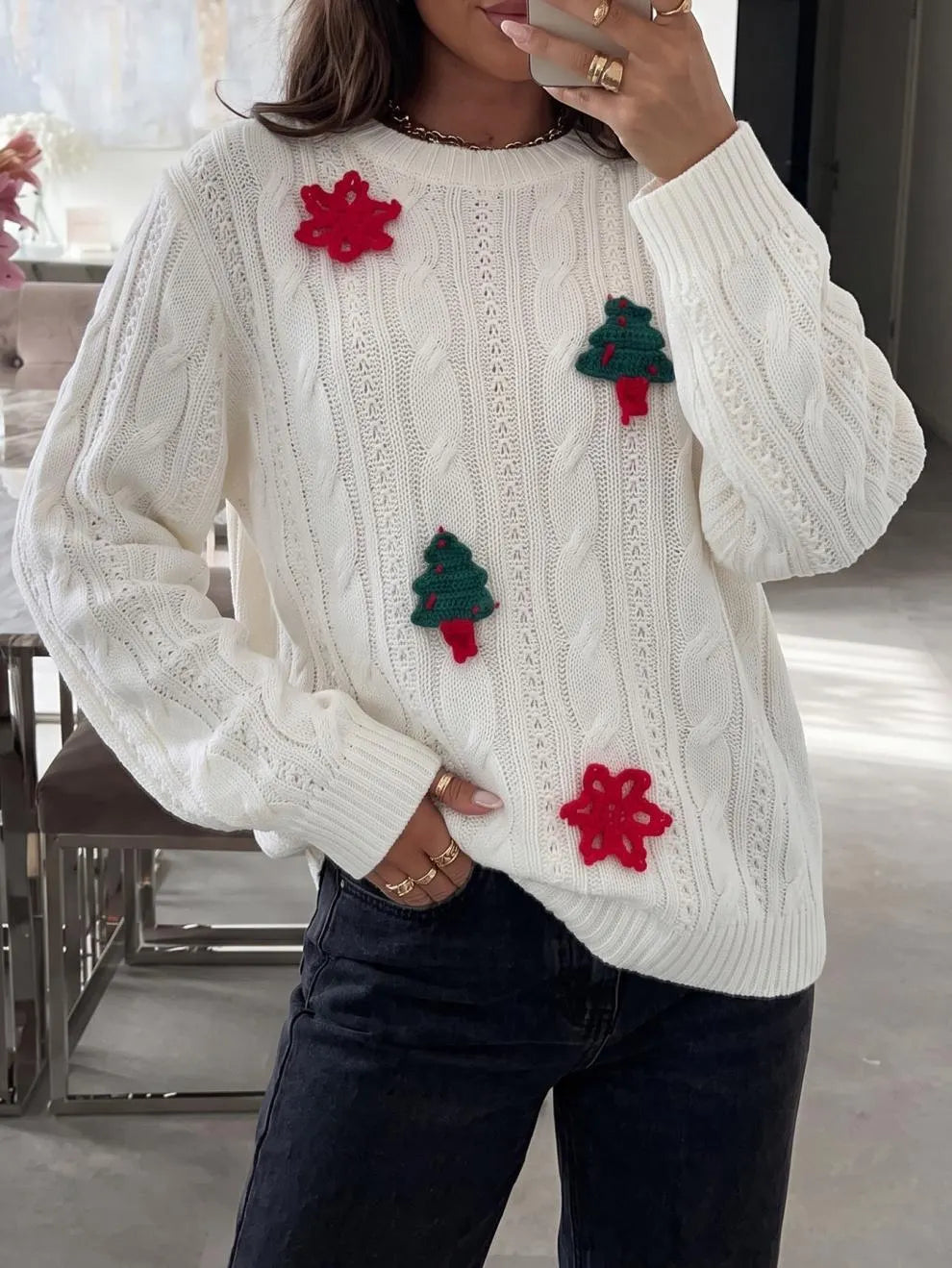 3D Christmas Tree Snowflake Cable Knit Sweater Crew Neck Long Sleeve Holiday Pullover
