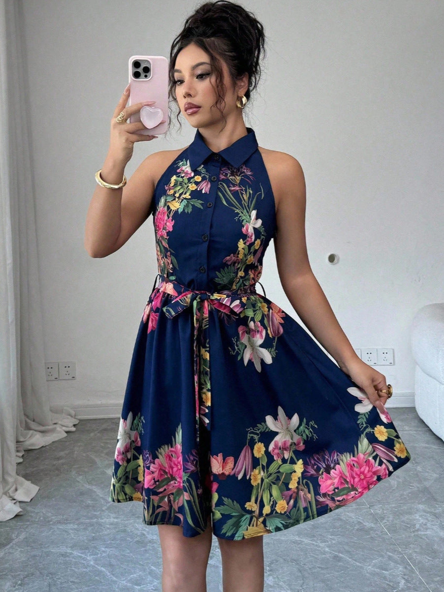 Black Floral Halter Neck A-Line Midi Dress