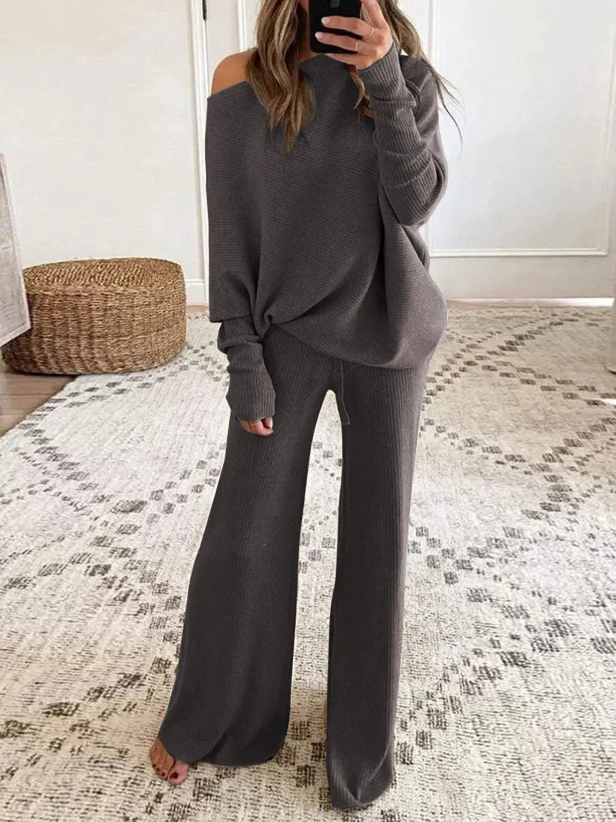 Waffle Knit Off Shoulder Oversized Top Wide Leg Pants Loungewear Set