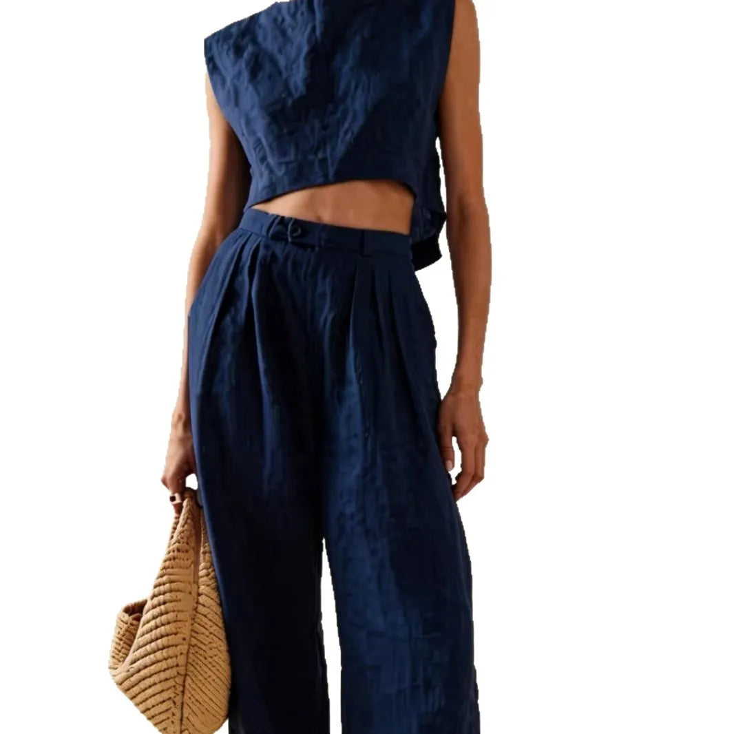Sleeveless Crop Top & High-Waist Wide-Leg Pants Set