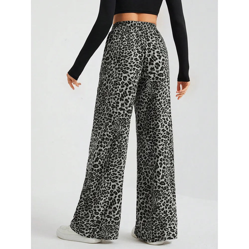 High Waist Leopard Print Straight Wide Leg Pants
