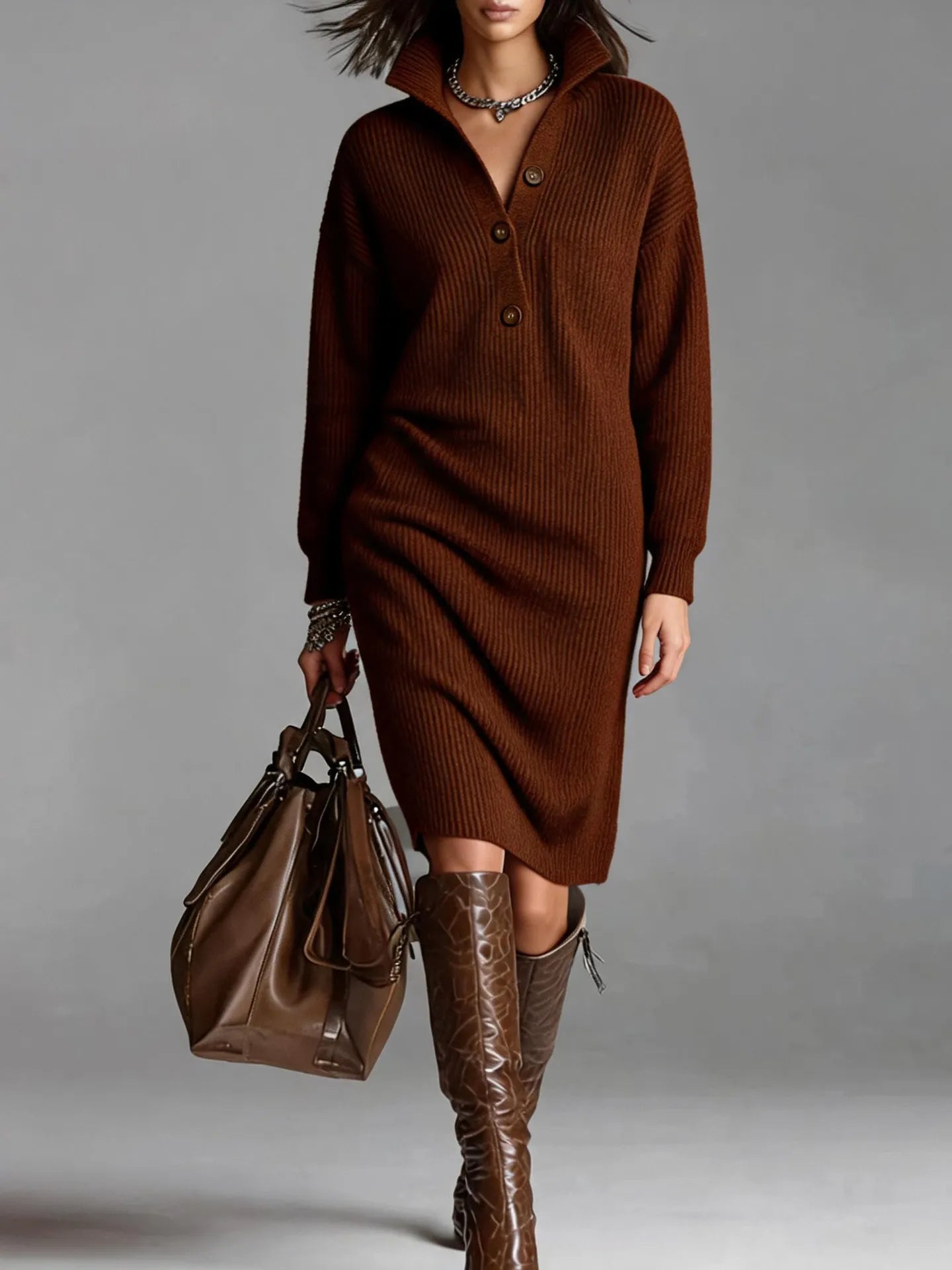 Collared Henley Button Front Loose Sweater Dress