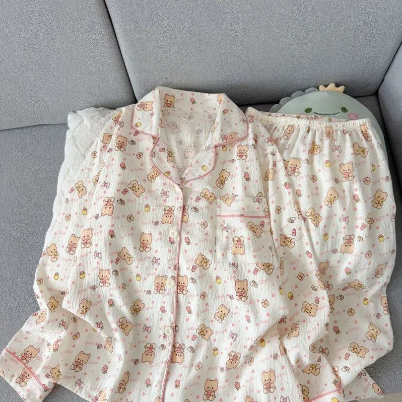 Light Blue Leopard Shirt & Pants 2 Piece Pajamas with Pocket Embroidery