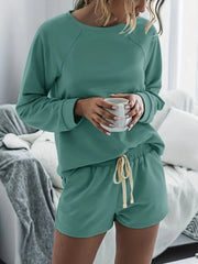 Crew Neck Solid Raglan Long Sleeve Top & Drawstring Shorts Pajama Set