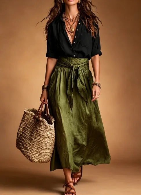 Color Matching Long Sleeve Shirt & Tie Waist Midi Skirt Two Piece Set