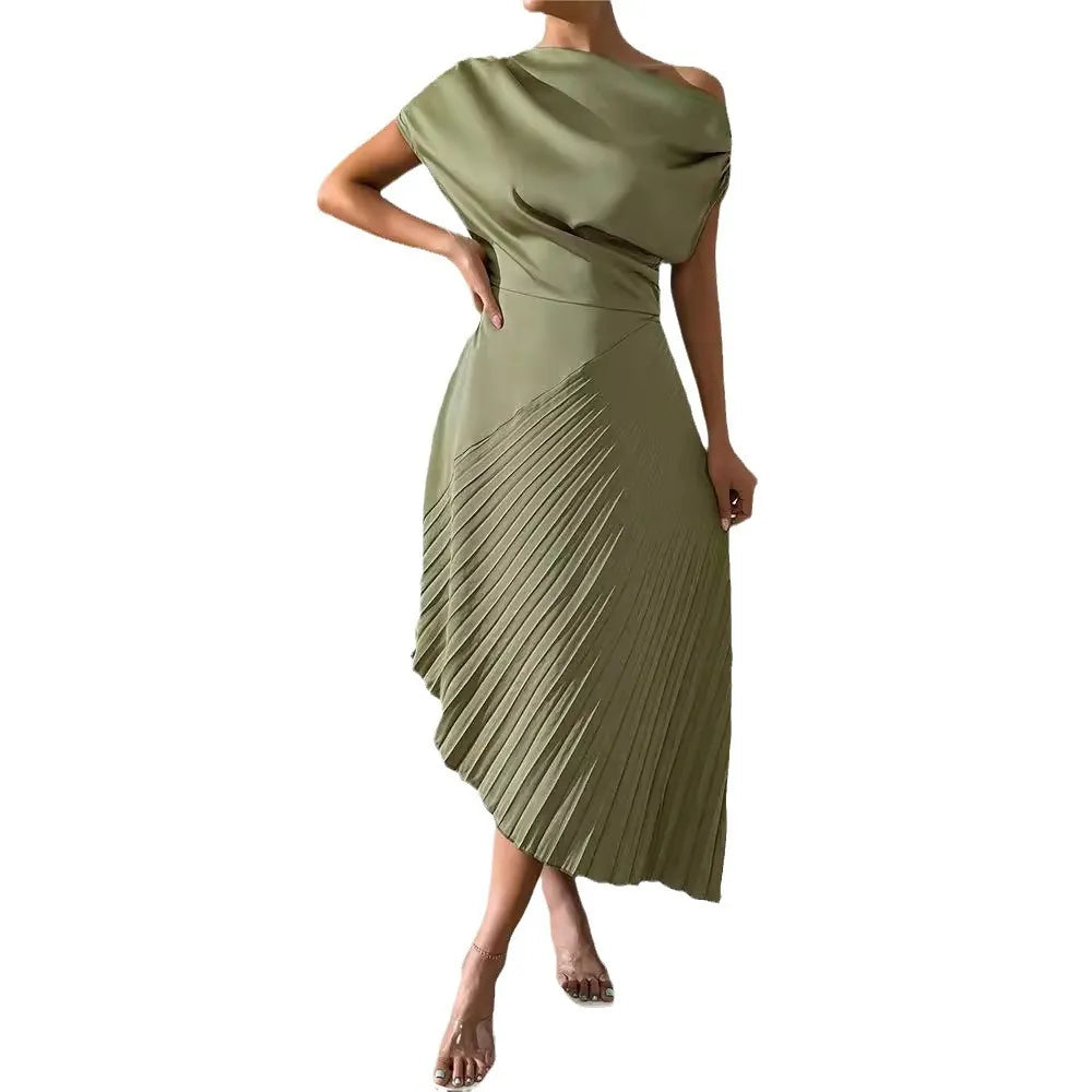 Asymmetric Satin Pleated Midi Dress