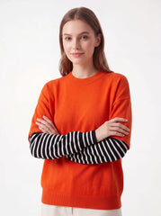 Color Block Stripe Cuff Round Neck Loose Knit Pullover Sweater