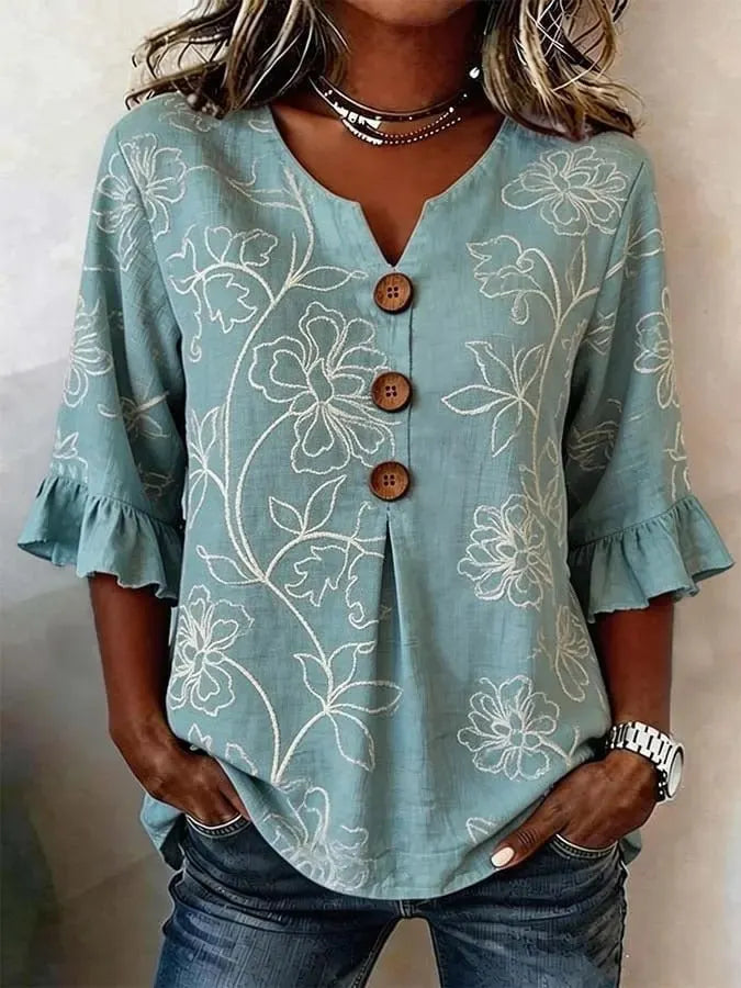 Round Neck Floral Printed Single Breasted 3/4 Ruffle Sleeve Loose Blouse