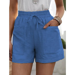 Solid Color Elastic Waist Drawstring Pocket Detail Wide Leg Shorts