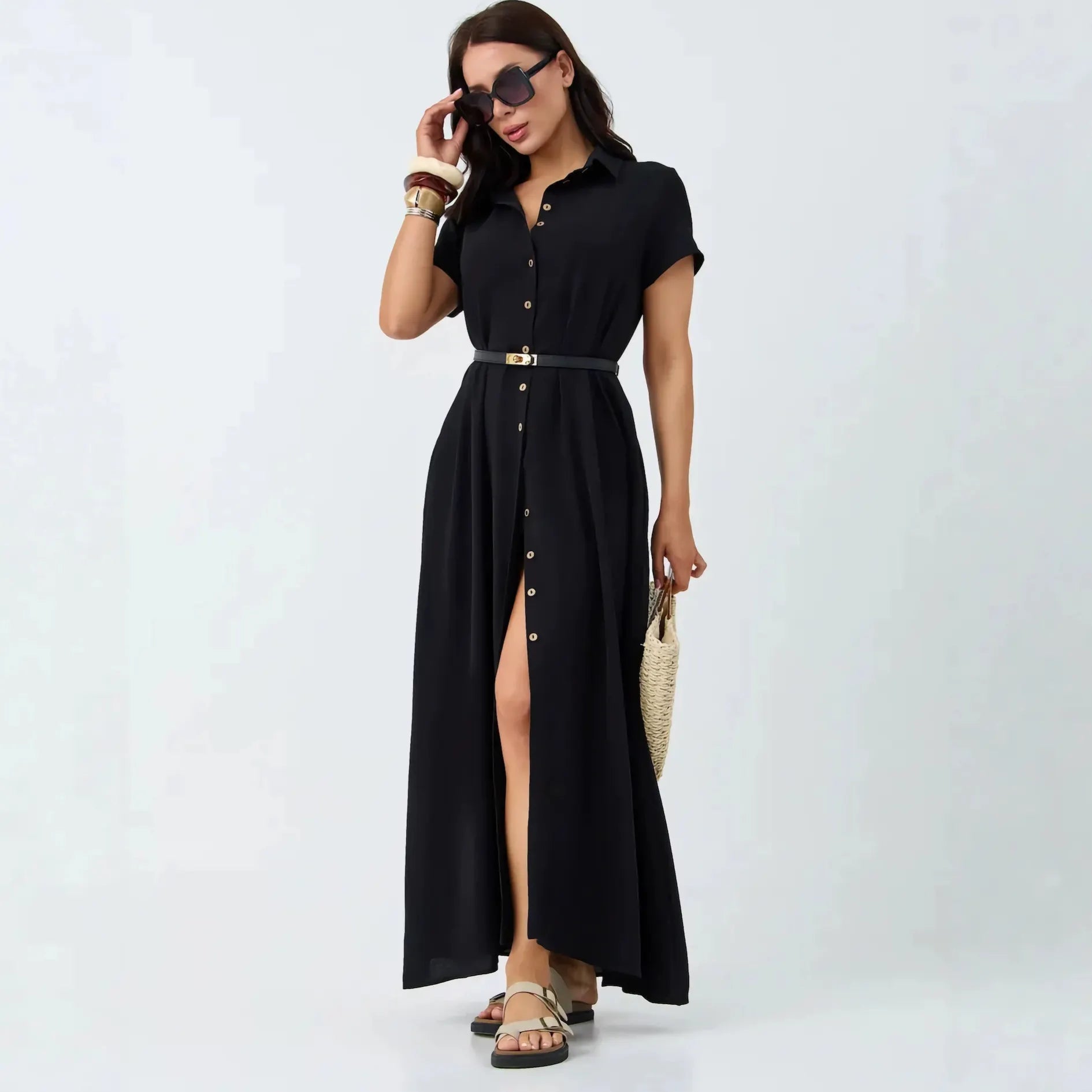 Lapel Single Breasted Short Sleeve Solid A-Line Maxi Shirt Dress