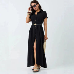 Lapel Single Breasted Short Sleeve Solid A-Line Maxi Shirt Dress