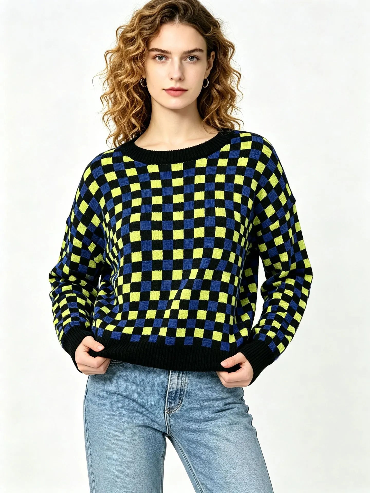 Color Block Checkerboard Jacquard Round Neck Pullover Sweater