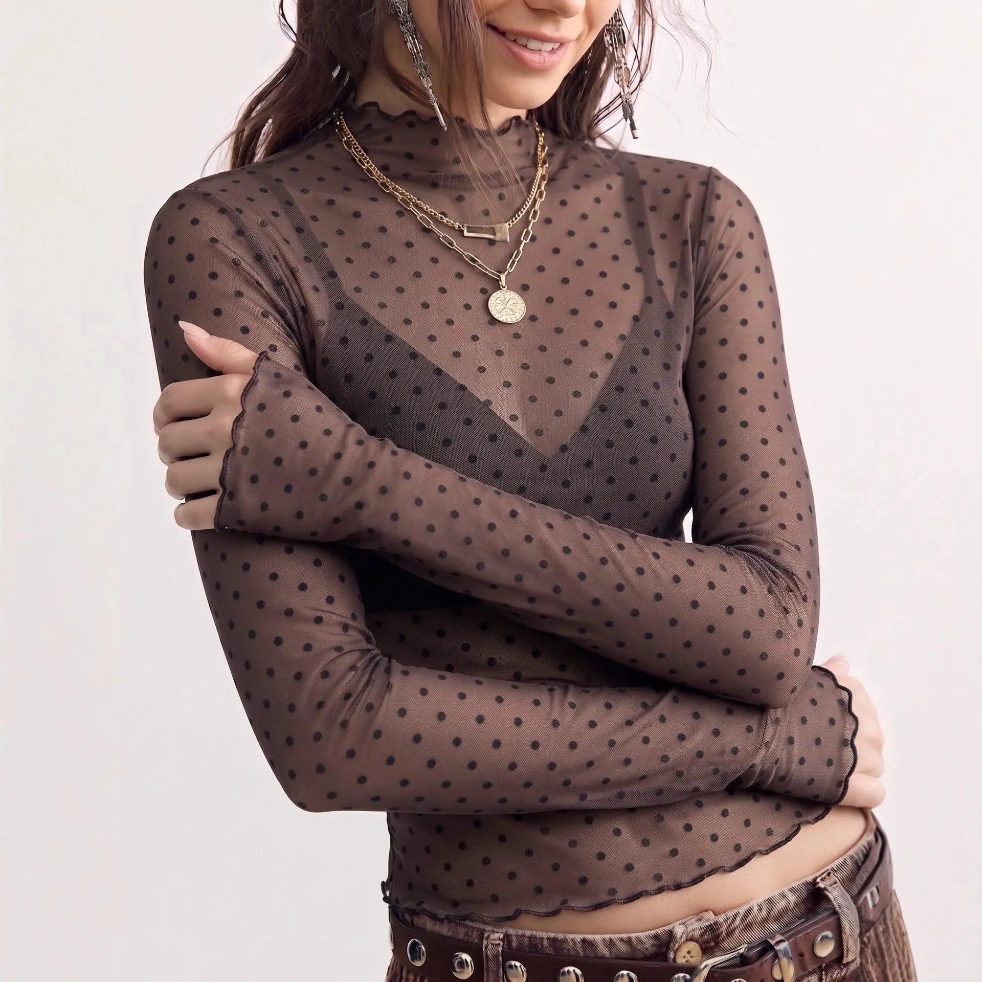 Brown Polka Dot Sheer Mesh Turtleneck Top | Long Sleeve Lettuce Edge Layering Shirt