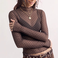 Brown Polka Dot Sheer Mesh Turtleneck Top | Long Sleeve Lettuce Edge Layering Shirt