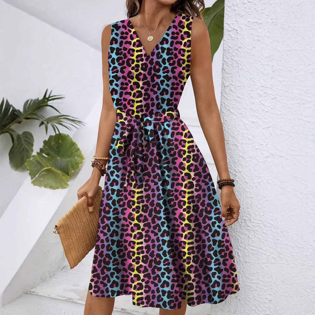 Colorful Leopard Print V-Neck Sleeveless Belted A-Line Midi Dress Casual Campus Daily Dress