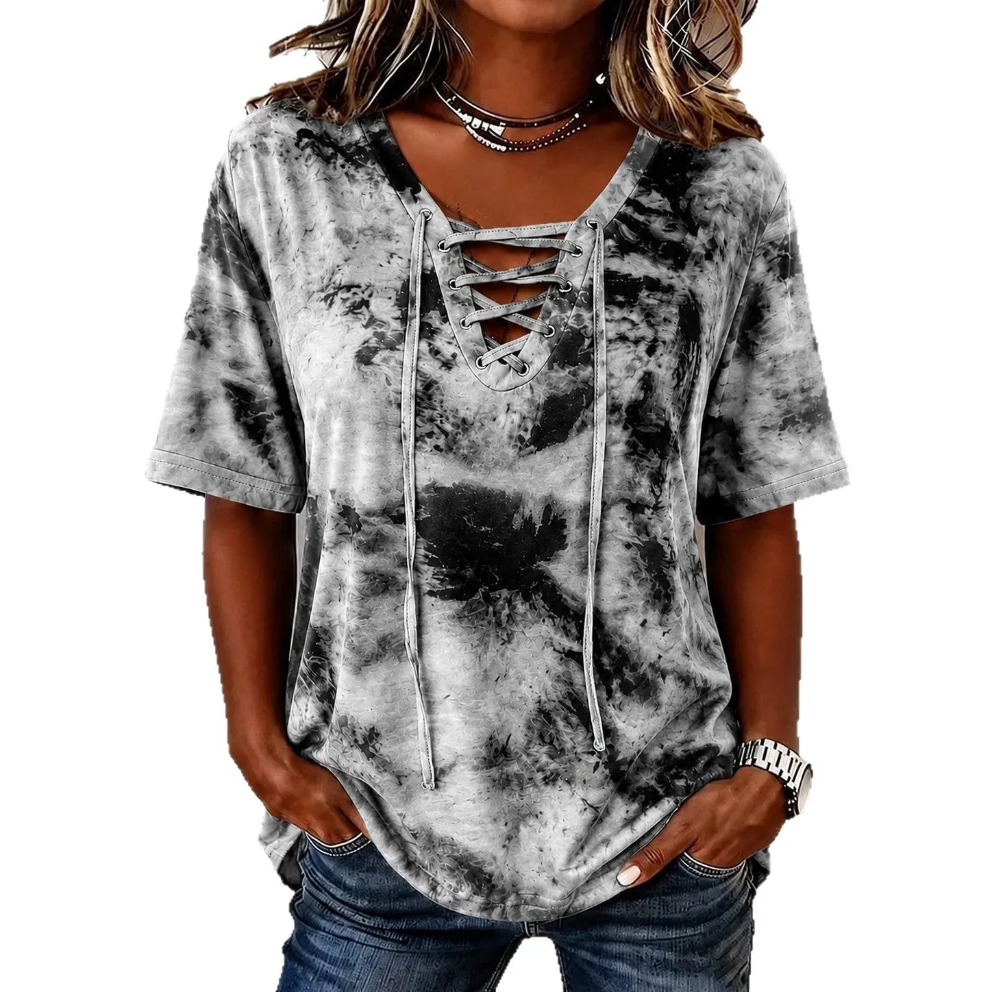 Tie-Dye V-Neck Lace-Up Casual Short Sleeve T-Shirt