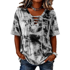 Tie-Dye V-Neck Lace-Up Casual Short Sleeve T-Shirt