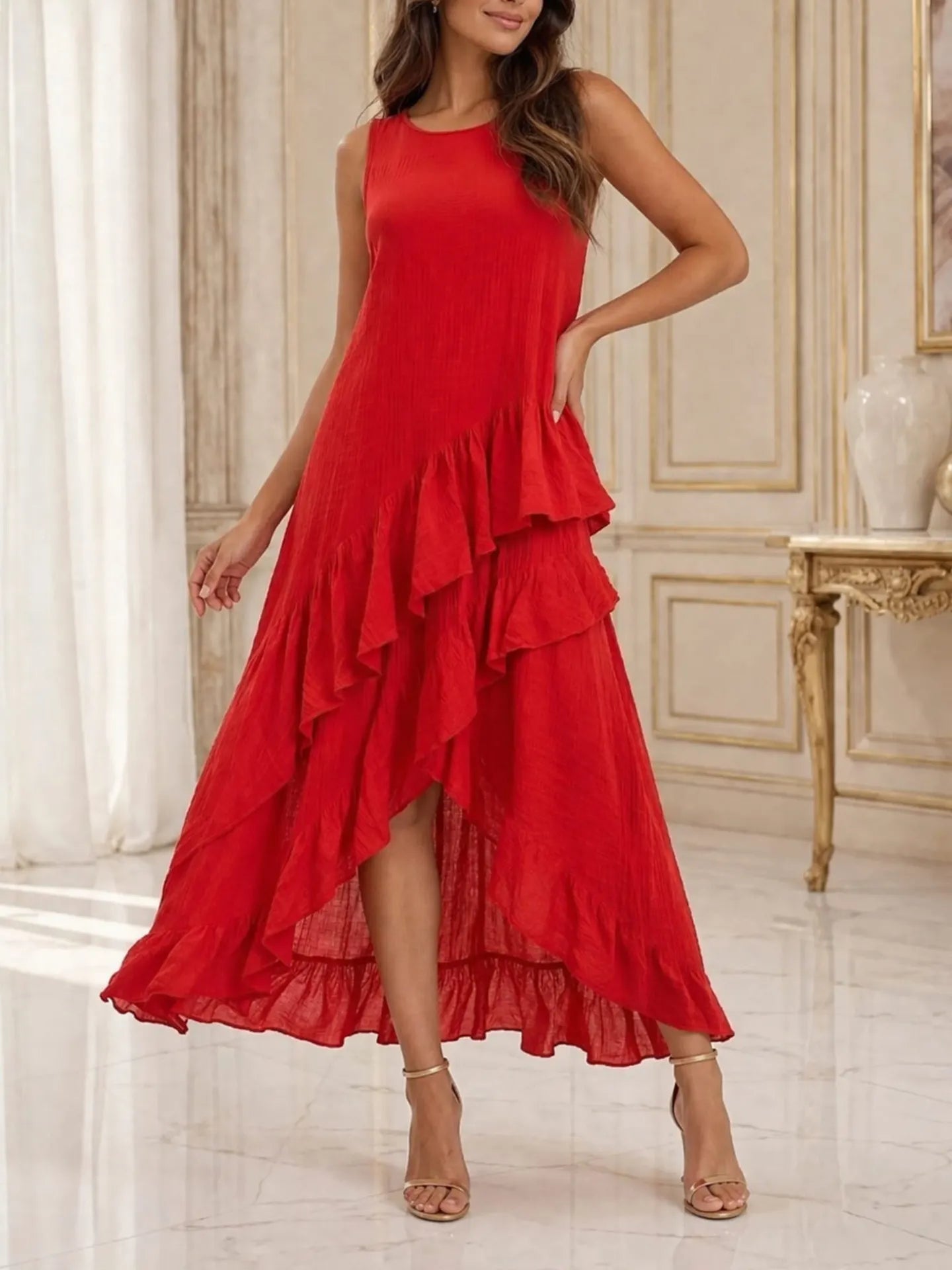 Sleeveless Irregular Ruffle Tiered High Low Maxi Dress