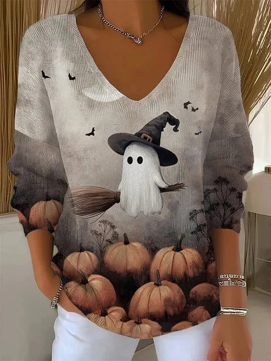 Halloween Ghost Pumpkin V‑Neck Sweater
