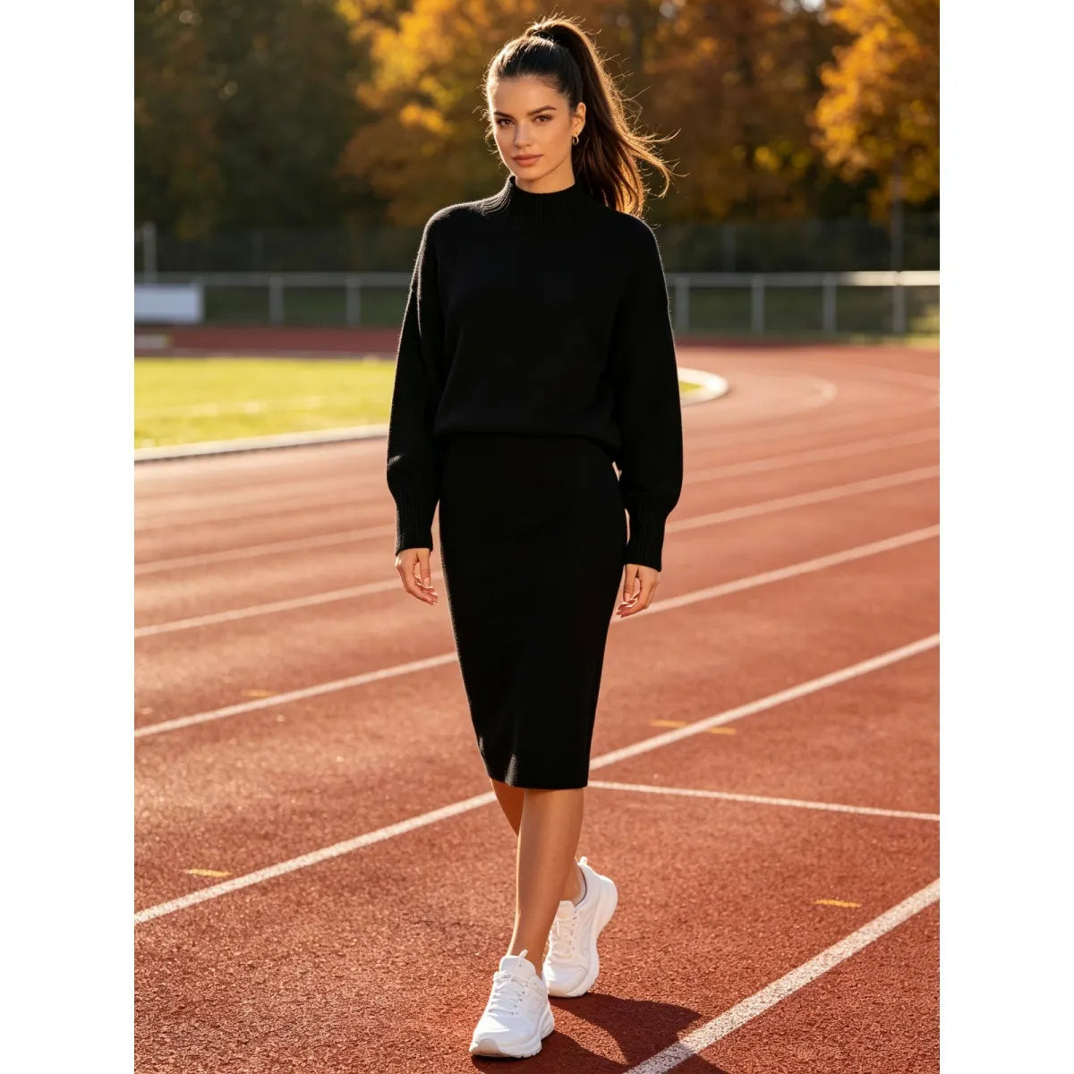 Solid Half Turtleneck Knit Sweater And Midi Skirt Two Piece Casual Set