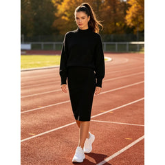 Solid Half Turtleneck Knit Sweater And Midi Skirt Two Piece Casual Set