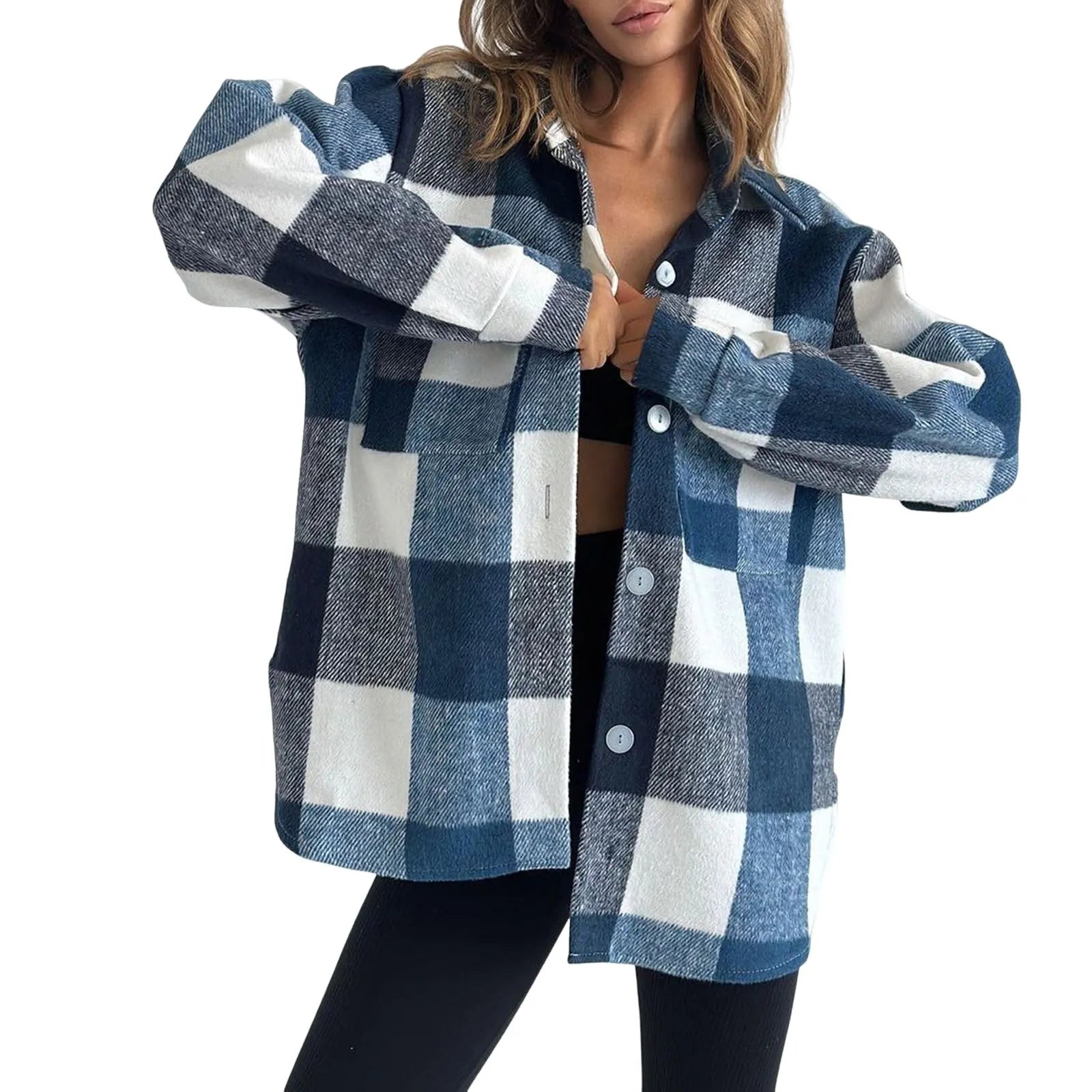 Grey Black Check Shacket, Loose Long Sleeve Plaid Shirt Jacket for Autumn
