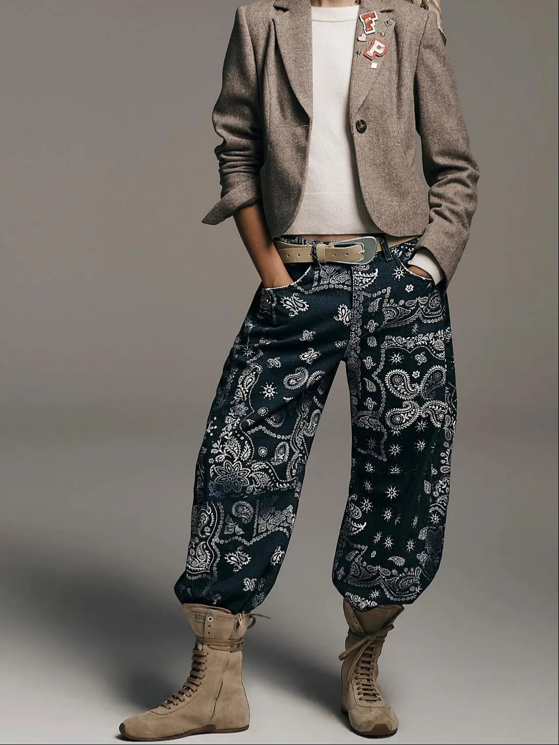 Mid‑Waist Striped Printed Loose Barrel Jeans
