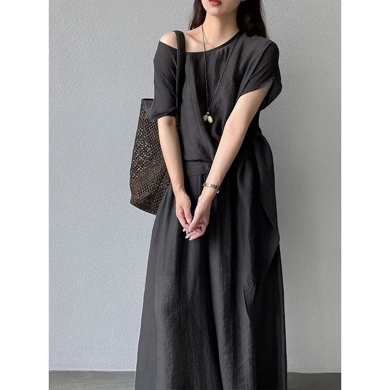 Batwing Sleeve Loose Shirt Wide Leg Long Pants 2 Piece Linen Blend Casual Set