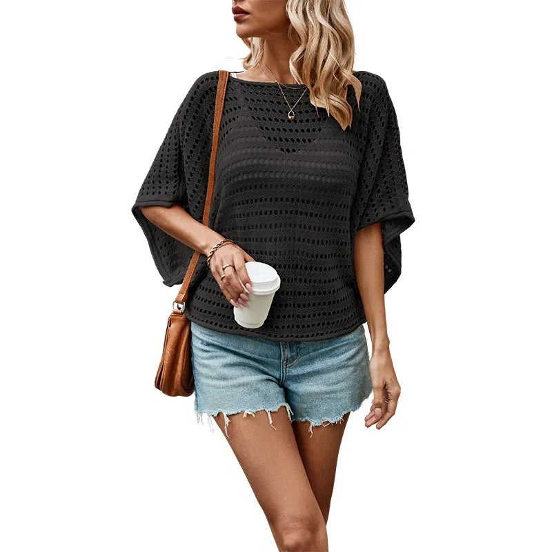 Boat Neck Batwing 5/4 Sleeve Hollow Perspective Knit Pullover Cover Up Top