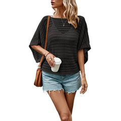 Boat Neck Batwing 5/4 Sleeve Hollow Perspective Knit Pullover Cover Up Top