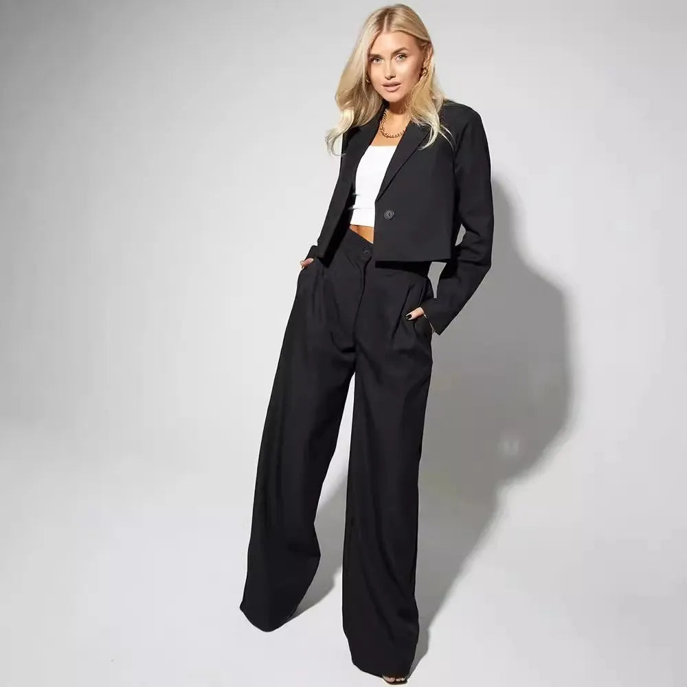 Solid Cropped Lapel Blazer & High Waist Wide Leg Pants Two Piece Suit Set