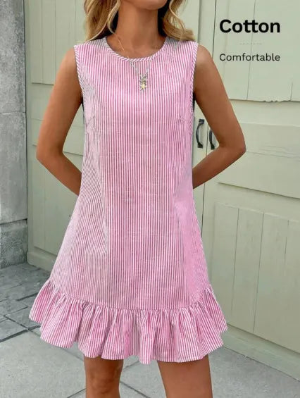 Round Neck Sleeveless Vertical Striped Loose Straight Mini Dress With Ruffle Hem