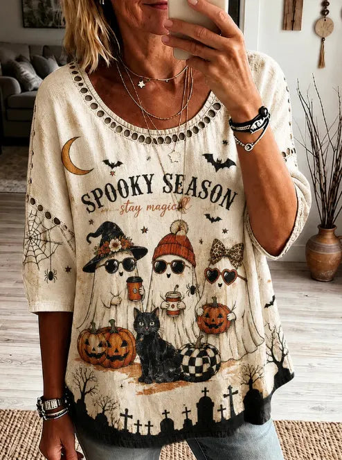 Halloween Spooky Season Ghost Pumpkin Print Crew Neck Short Sleeve T‑Shirt