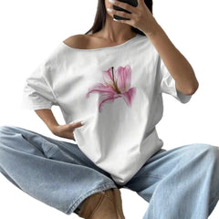 Floral Print Irregular Neck Loose Short Sleeve Casual Top