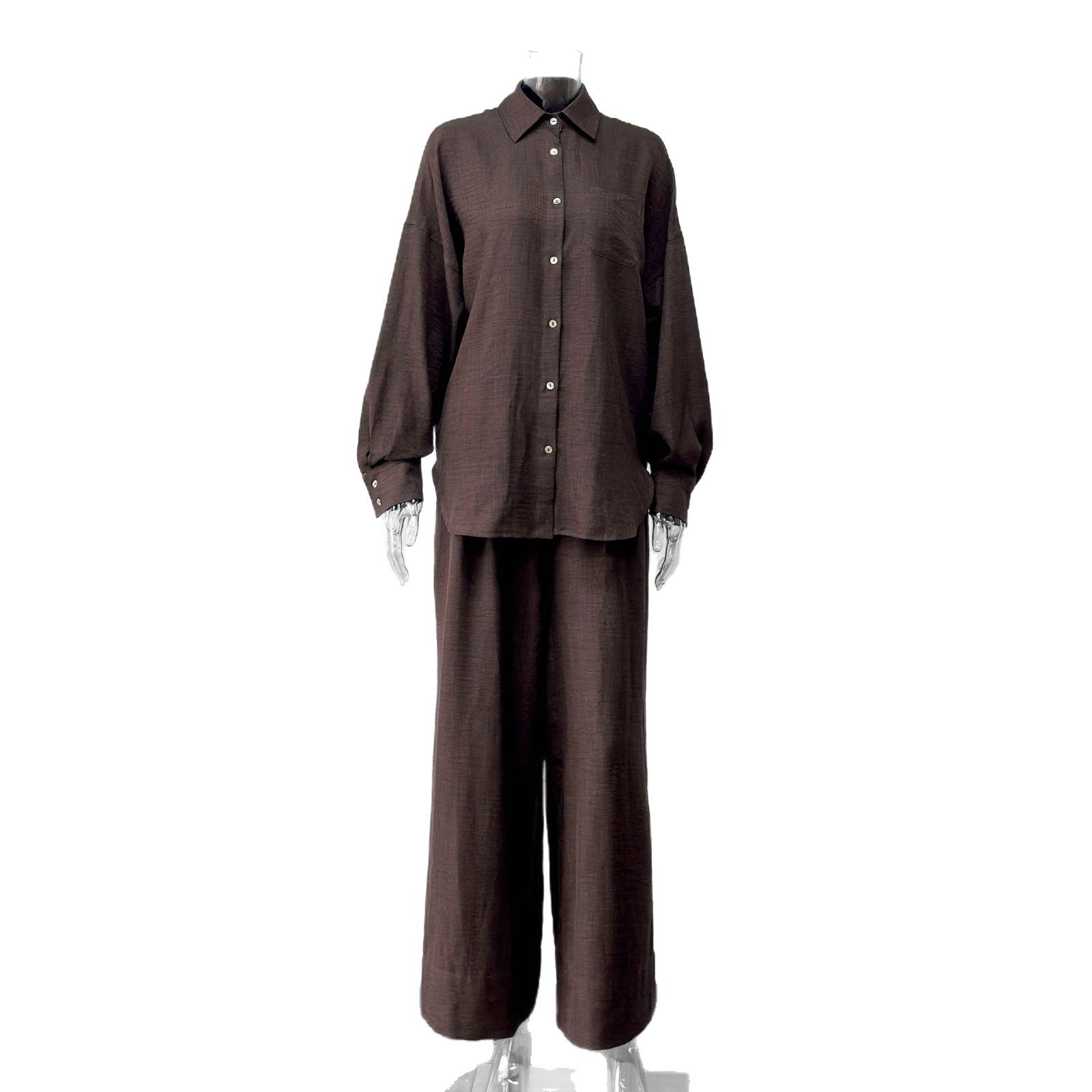 Dark Brown Linen Button-Down Shirt & Wide-Leg Pants Set