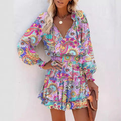 Red Leopard Print V-Neck Mini Dress - Long Sleeve Ruffle Hem Party Dress