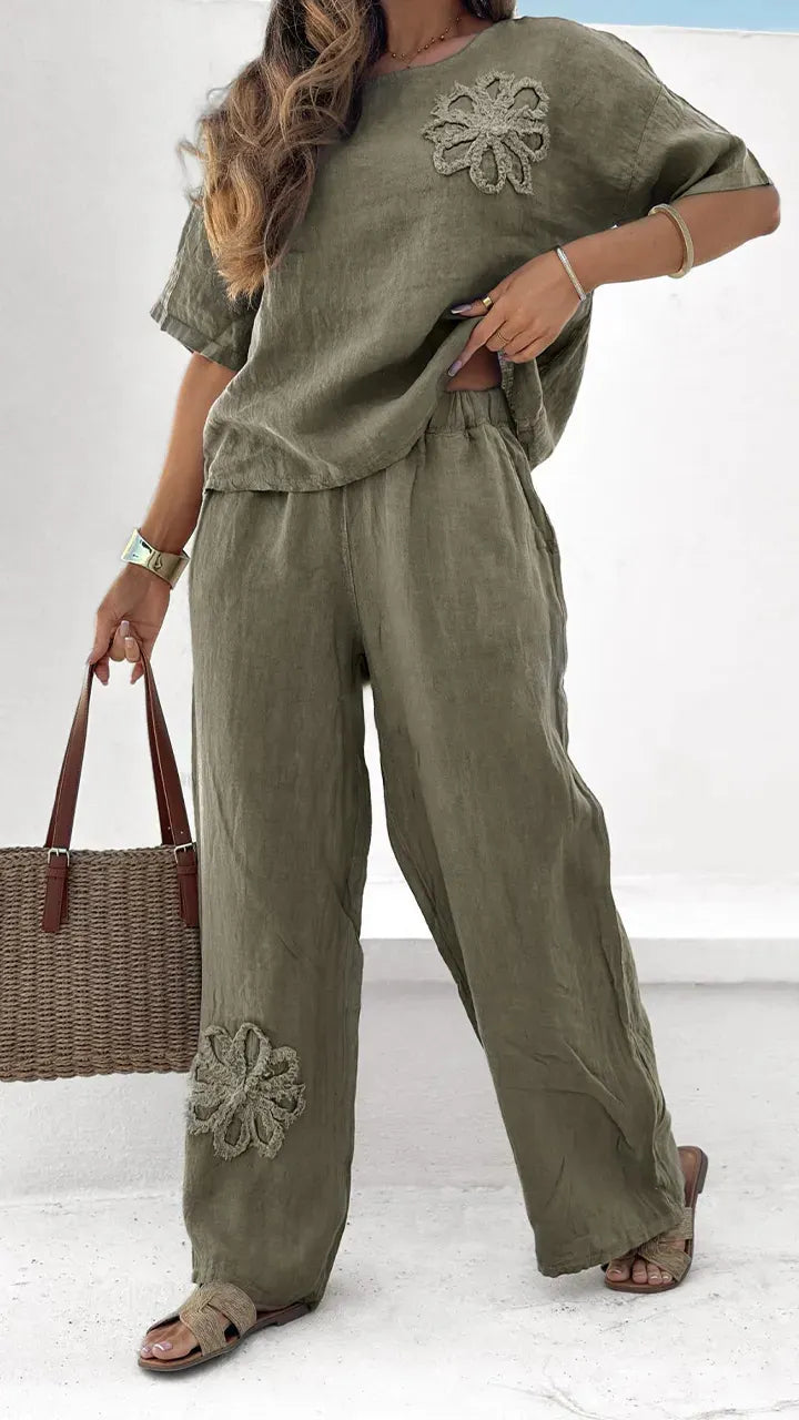 Linen Blend 2-Piece Outfit, Embroidered Short Sleeve Top and Wide Leg Pants