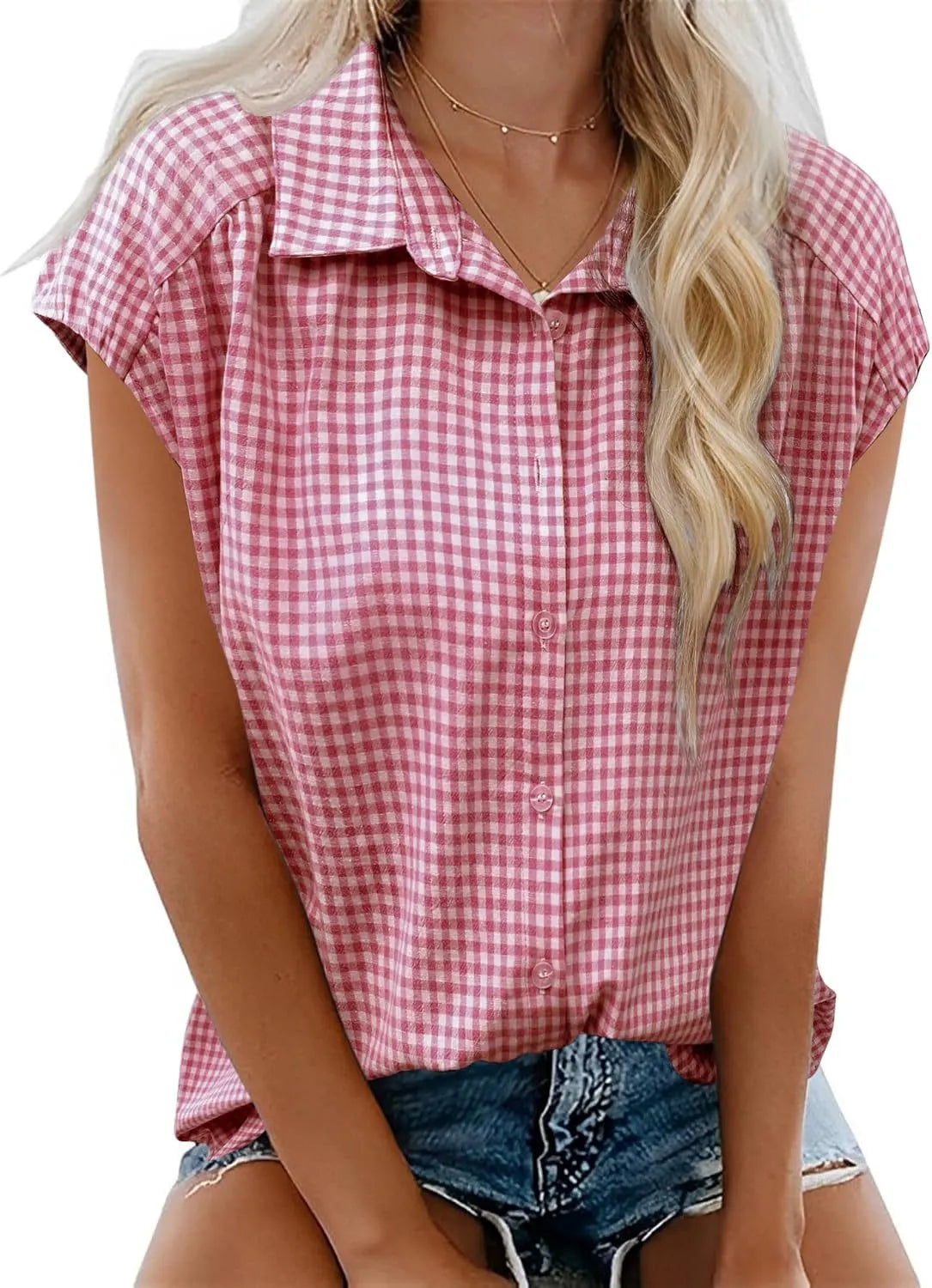 Casual Plaid Cap Sleeve Shirt Ladies Vintage Loose Fit Collared Blouse