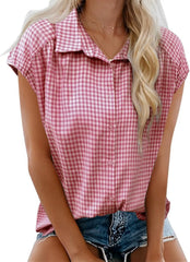 Casual Plaid Cap Sleeve Shirt Ladies Vintage Loose Fit Collared Blouse