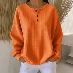 Casual Oversized Waffle Knit Top, Henley Button Neck Long Sleeve Tee