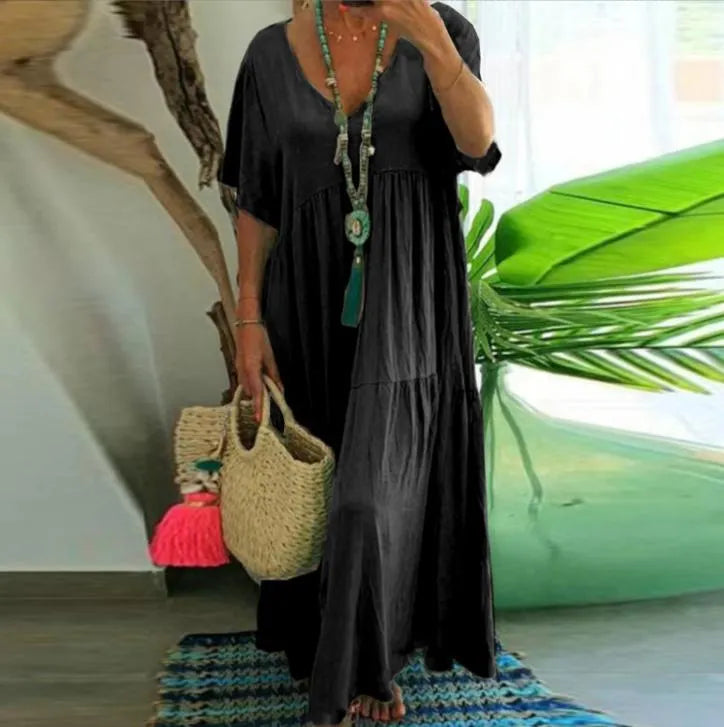Solid Color V-Neck Short Sleeve Loose Tiered Maxi Dress
